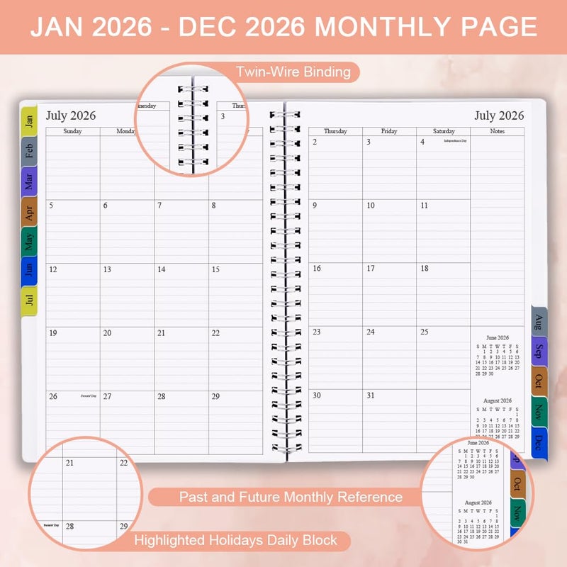 Nokingo 2026 Planner - Weekly & Monthly Planner Runs January 2026 to December 2026, 6.25" x 8.25", 12 Monthly Tabs, 14 Notes Pages, Inner Pocket, Flexible Cover with Twin-Wire Binding, Planners 2026 - Image 2